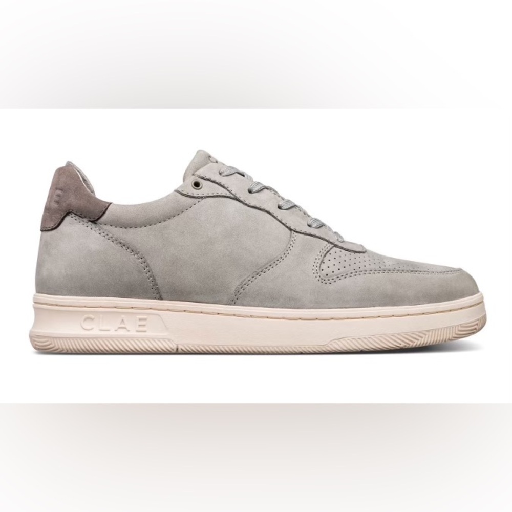 Clae Unisex Low-Top Suede Sneaker — Light Grey with Taupe Heel